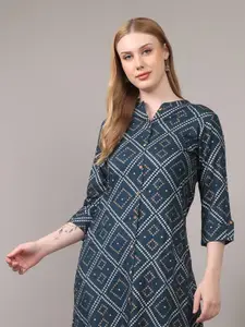 SUTI Geometric Printed Mandarin Collar Roll-Up Sleeves A-Line Kurta