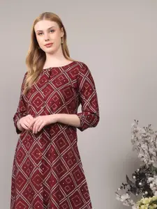 SUTI Geometric Printed Roll-Up Sleeves A-Line Kurta
