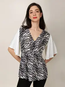 PATRORNA Abstract Printed Flared Sleeves Wrap Longline Top