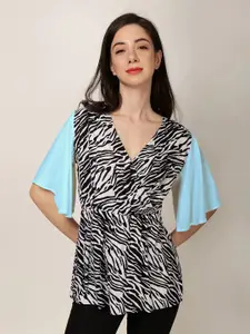 PATRORNA Abstract Printed Flared Sleeve Cotton Wrap Top