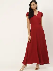 DressBerry Maroon V-Neck Puff Sleeves Maxi Dress
