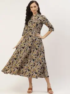 DressBerry Brown Paisley Ethnic Motifs Printed Tie-Ups Neck Georgette Fit & Flare Dress