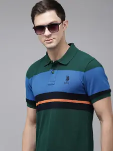 U.S. Polo Assn. Colourblocked Polo Collar Pure Cotton Slim Fit T-shirt