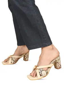 ELLE Cream-Coloured Printed Open Toe Block Heels