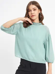 Madame High Neck Puff Sleeves Embellished A-Line Top