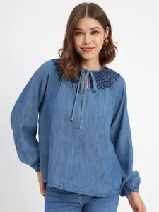 Madame Tie-Up Neck Puff Sleeves Embroidered Top