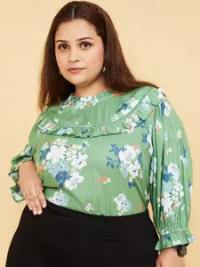 max Plus Size Floral Printed Puff Sleeves Ruffles Detailed Regular Top