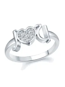 Vighnaharta Women Rhodium Plated CZ Studded J & U Letter Finger Ring