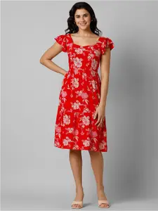 Pantaloons Floral Printed Sweetheart Neck Flutter Sleeves Fit & Flare Dress