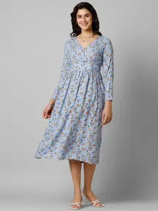 Pantaloons Floral Printed Cuffed Sleeves Gathered Fit & Flare Midi Dress