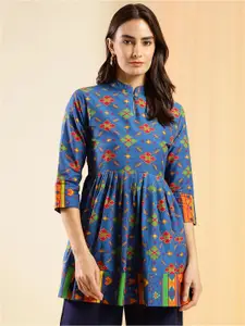 Sangria Ethnic Motifs Printed Mandarin Collar Pure Cotton A-Line Top