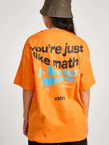 Bonkers Corner Orange Typography Printed Drop-Shoulder Sleeves Cotton Oversized T-shirt