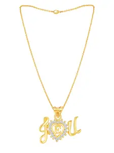 MEENAZ Gold-Plated AD Stone Studded E Alphabet Letter Pendant With Chain