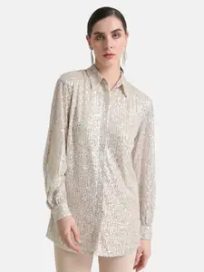 Kazo Self Design Textured Boxy Fit Spread Collar Embellished Party Shirt