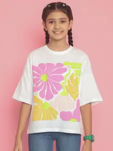 Natilene Girls Abstract Printed Drop Shoulder Sleeves Pure Cotton Top