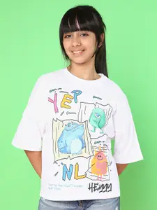 Natilene Girls Graphic Printed Drop Shoulder Sleeves Pure Cotton Top