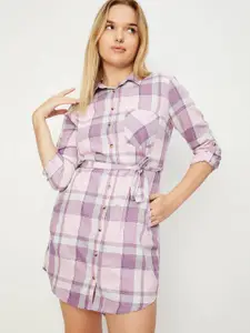 max Checked Tie Up Pure Cotton Shirt Dress With Belt