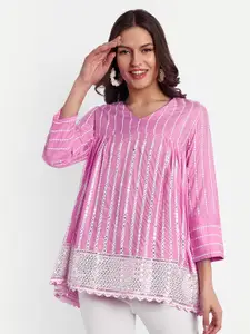 ESSQUE Embellished Round Neck Gathered Sequined Cotton A-Line Top