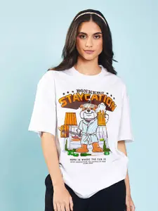 Bonkers Corner White Graphic Printed Drop-Shoulder Sleeves Cotton Oversized T-shirt