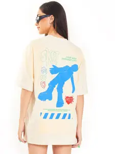 Bonkers Corner Cream Graphic Printed Drop-Shoulder Sleeves Cotton Oversized T-shirt