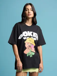 Bonkers Corner Black Graphic Printed Drop-Shoulder Sleeves Cotton Oversized T-shirt