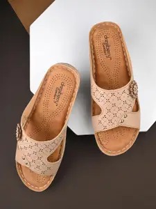 DressBerry Beige Laser Cut Embellished Open Toe Flats