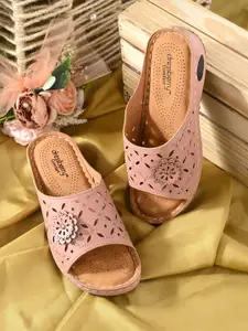 DressBerry Pink Laser Cut Embellished Open Toe Flats