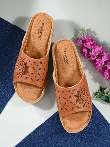 DressBerry Tan Brown Laser Cut Embellished Open Toe Flats