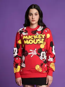 Bonkers Corner Red Mickey Mouse Printed Oversized Cotton Sweatshirt