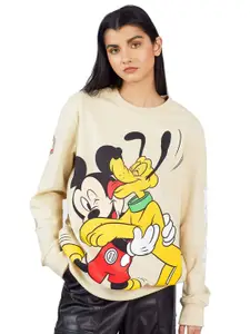Bonkers Corner Off White Mickey & Pluto Printed Oversized Cotton Sweatshirt