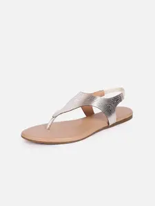 DressBerry Women Silver-Toned Solid T-Strap Flats