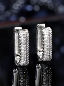 Rubans Voguish Silver-Plated Geometric Stainless Steel Zircon Studded Hoop Earrings