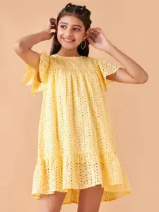 Cherry & Jerry Girls Self Design Flutter Sleeves Cotton A-Line Mini Dress