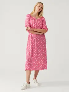Marks & Spencer Pink Polka Dots Printed Puff Sleeves A-Line Midi Dress