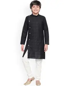 BAESD Boys Checked Self Design Band Collar Kurta With Pyjamas