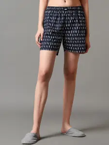Bewakoof Women Navy Blue Mid Rise Abstract Printed Cotton Lounge Shorts