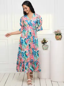 Sangria Floral Printed Puff Sleeves Gathered Hem A-Line Midi Dress