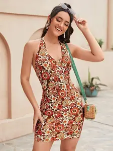 BAESD Floral Printed Halter Neck Bodycon Mini Dress