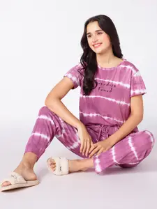beebelle Purple & White Tie And Dye Printed Pure Cotton Night Suit