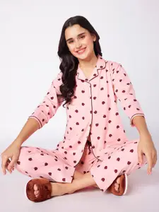 beebelle Pink & Red Polka Dots Printed Lapel Collar Night suit