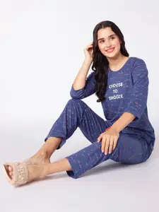 beebelle Navy Blue & White Graphic Printed Night suit