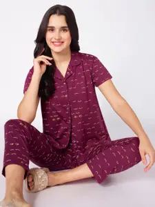beebelle Burgundy Graphic Printed Night suit