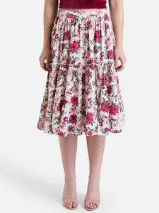 Kazo Floral Printed Tiered Satin Skirt