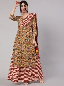 AKS Floral Printed Regular Pure Cotton Kurta With Skirt & Attached Dupatta