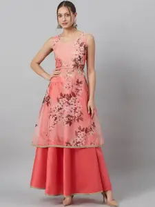 AKS Floral Printed A-Line Kurta With Skirt