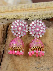 Crunchy Fashion Gold Plated Kundan Studded & Beaded Dome Shaped Jhumkas