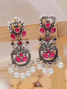 Crunchy Fashion Silver Plated Stones & Beads Oxidised Peacock Shaped Drop Earrings