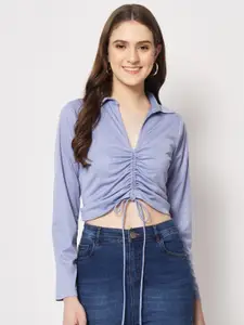 Trend Arrest Blue Shirt Collar Ruched Crop Top