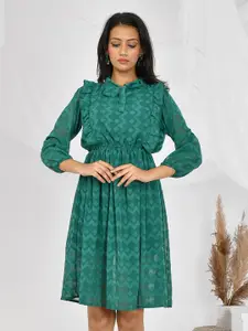 BAESD Geometric Printed Puff Sleeves Gathered Fit & Flare Dress