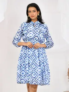 BAESD Ethnic Motifs Printed Tie-Up Neck Puff Sleeves Cotton Fit & Flare Dress